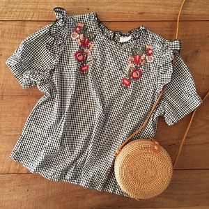 Abound Gingham Floral Embroidered Blouse